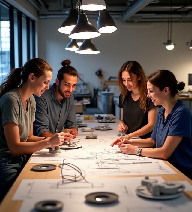 The Canyon Lights team collaborating around a table with lighting fixture prototypes.